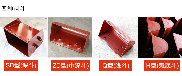 四种料斗Q型(浅斗)、H型(弧底斗)、ZD型(中深斗)SD型(深斗)展示图