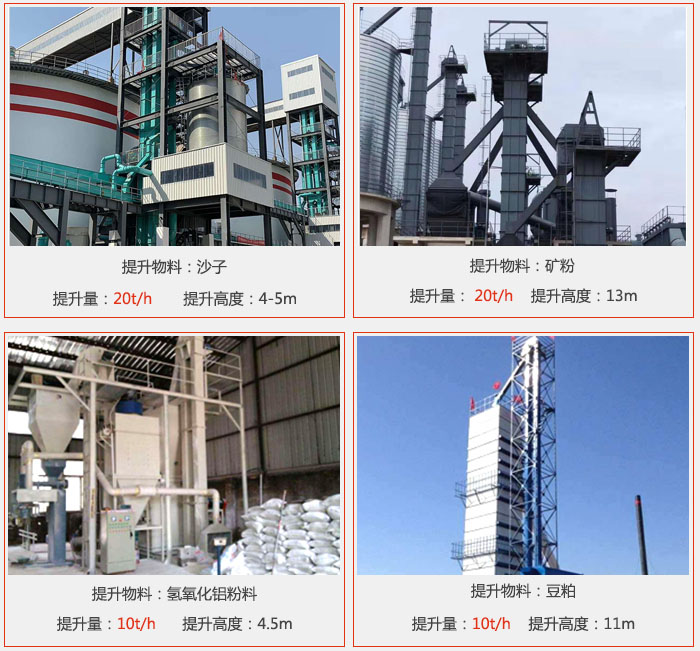 斗式提升机用户使用现场图片：提升沙子提升量：20t/h提升高度：4-5m提升物料：矿粉提升量：20t/h提升高度：13m提升物料：氢氧化铝粉料 提升量：10t/h提升高度：4-5m提升物料：豆粕提升量：10t/h提升高度：11m